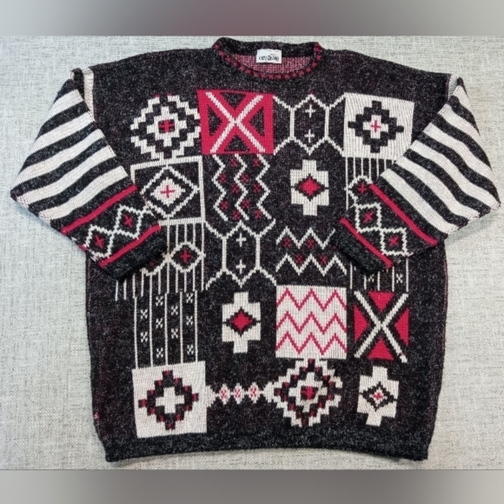 Capistrano Retro acrylic,Grandma core oversized‎ gray & red sweater Size M/L